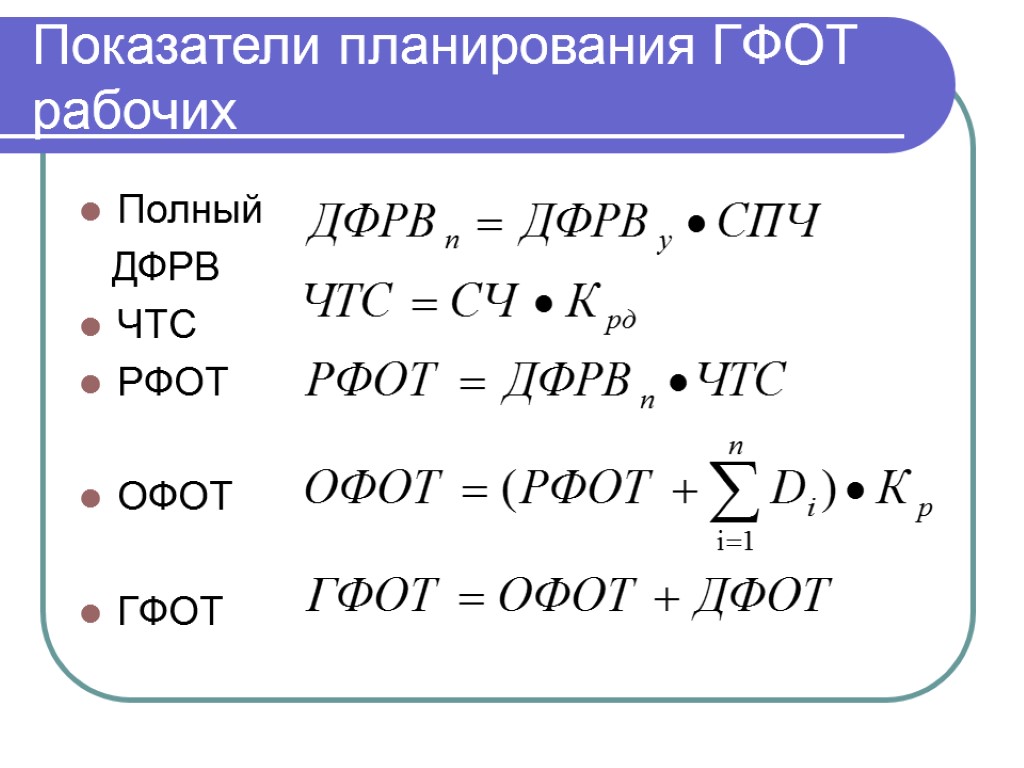 Показатели планирования ГФОТ рабочих Полный ДФРВ ЧТС РФОТ ОФОТ ГФОТ